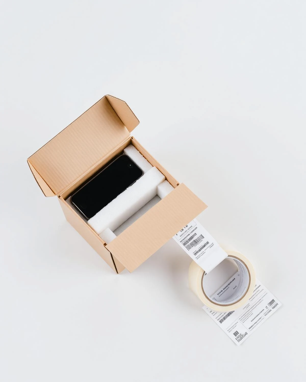 A phone packed in a shipping box with a printed shipping label